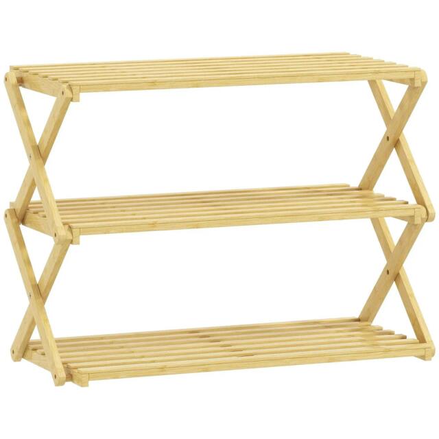 Rackhams Three-Tier Folding Bamboo Shoe Rack - Natural Finish