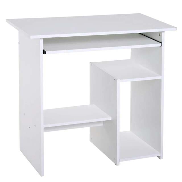 Rackhams Compact Small Computer Table Wooden Desk Keyboard Tray Storage Shelf Modern Corner Table Home Office White - image 1