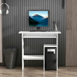 Rackhams Compact Small Computer Table Wooden Desk Keyboard Tray Storage Shelf Modern Corner Table Home Office White - thumbnail 2