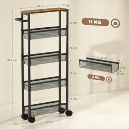 Rackhams Rolling Kitchen Trolley, Slim Storage Cart with Metal Frame, Handle - Black - thumbnail 4