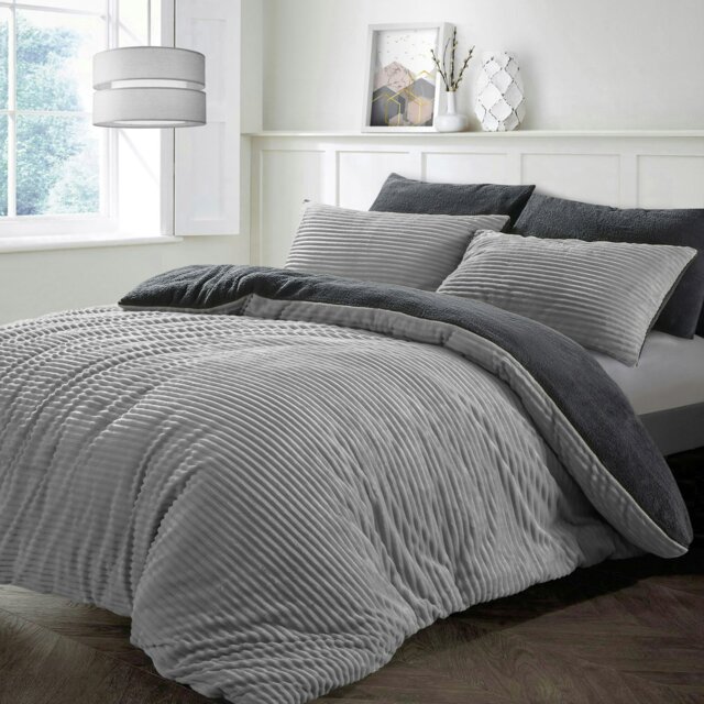Rackhams Plush Corduroy Teddy Fluffy and Warm Fleece Duvet Cover Set - Silver - Super King - image 1