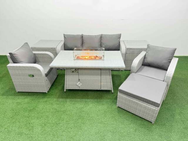 Rackhams PE Rattan Garden Furniture Set Reclining Chair Sofa Lounge Sofa Set Fire Pit Dining Table 2 Side Table Big Footstool Light Grey - image 1