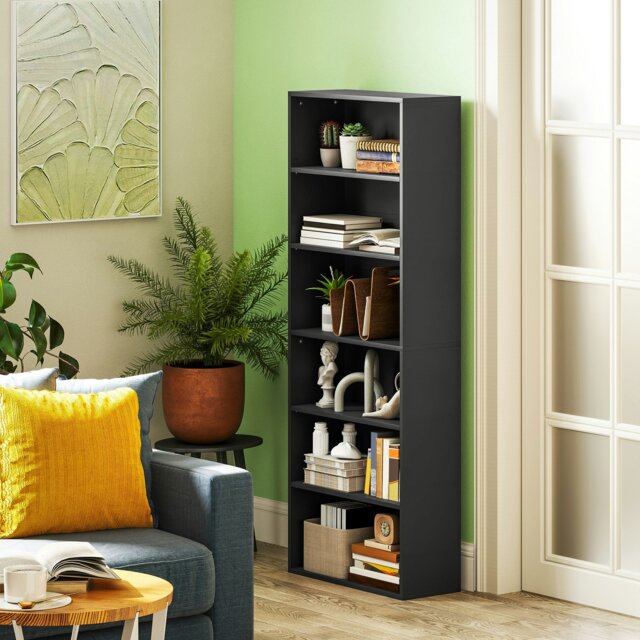 Rackhams 6 Tier Bookshelf, Freestanding Bookcase with Adjustable Shelves, Black - 60W x 24D x 158.5H cm - Black - 1 - image 1