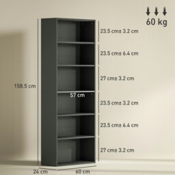 Rackhams 6 Tier Bookshelf, Freestanding Bookcase with Adjustable Shelves, Black - 60W x 24D x 158.5H cm - Black - 1 - thumbnail 5