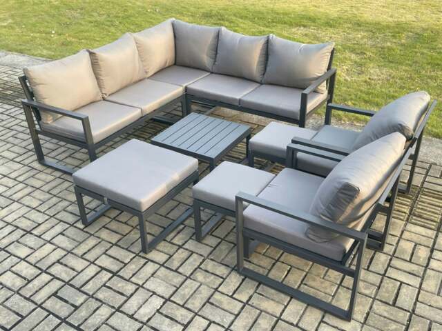 Rackhams 10 Seater Outdoor Aluminium Garden Furniture Set Corner Lounge Sofa Set with Square Coffee Table 3 Footstools Dark Grey