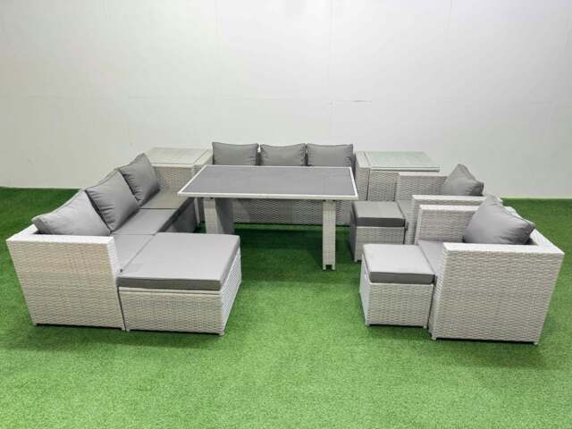Rackhams 11 Seater Wicker PE Rattan Furniture Outdoor Dining Table 3 Seater Sofa Armchair Set with 2 Side Tables 3 Stools Light Grey - image 1