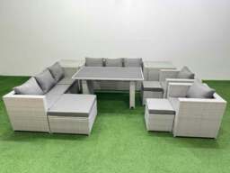 Rackhams 11 Seater Wicker PE Rattan Furniture Outdoor Dining Table 3 Seater Sofa Armchair Set with 2 Side Tables 3 Stools Light Grey