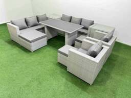 Rackhams 11 Seater Wicker PE Rattan Furniture Outdoor Dining Table 3 Seater Sofa Armchair Set with 2 Side Tables 3 Stools Light Grey - thumbnail 2