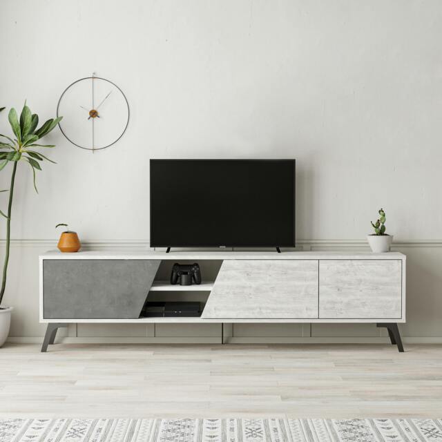 "Rackhams Fiona Modern TV Unit Multimedia Cabinet with Storage Doors 75"" Oak White 180cm - Ancient White Retro Grey" - image 1