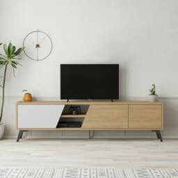 "Rackhams Fiona Modern TV Unit Multimedia Cabinet with Storage Doors 75"" Oak White 180cm - Ancient White Retro Grey" - thumbnail 3