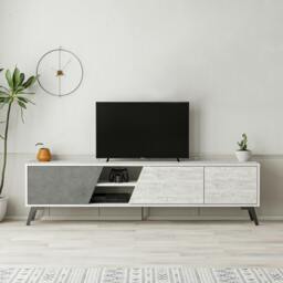 "Rackhams Fiona Modern TV Unit Multimedia Cabinet with Storage Doors 75"" Oak White 180cm - Ancient White Retro Grey"