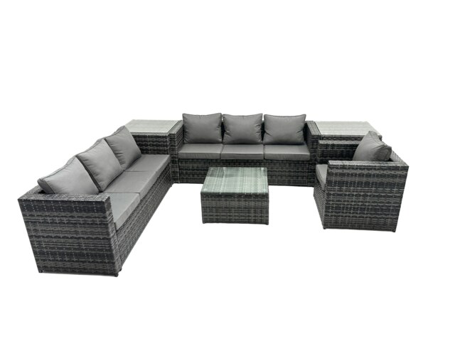 Rackhams Outdoor Rattan Garden Furniture Set 7 Seater Patio Lounge Sofa Set with Armchair Square Coffee Table Side Table Dark Grey Mixed - image 1