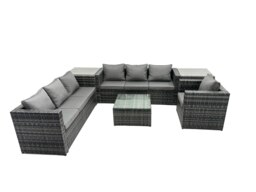 Rackhams Outdoor Rattan Garden Furniture Set 7 Seater Patio Lounge Sofa Set with Armchair Square Coffee Table Side Table Dark Grey Mixed - thumbnail 1