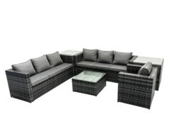 Rackhams Outdoor Rattan Garden Furniture Set 7 Seater Patio Lounge Sofa Set with Armchair Square Coffee Table Side Table Dark Grey Mixed - thumbnail 2