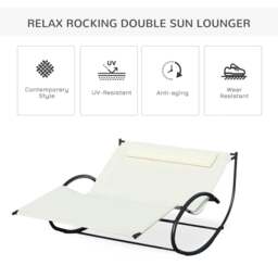 Rackhams Double Sun Lounger, Rocking Lounger Sunbed Daybed with Armrest and Headrest Pillow, for Two, For Outdoor Patio Garden, Cream White - Beige - thumbnail 3