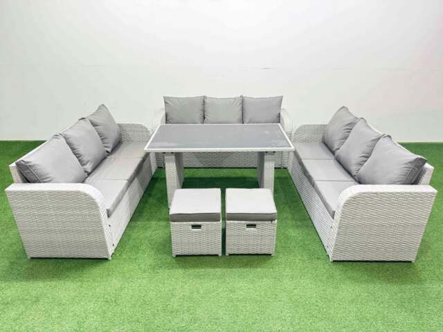 Rackhams Patio Garden Furniture Sets with Black Glass Top Dining Table 3 Seater Sofa 2 Small Stool Light Grey - image 1