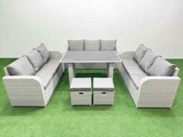 Rackhams Patio Garden Furniture Sets with Black Glass Top Dining Table 3 Seater Sofa 2 Small Stool Light Grey - thumbnail 1