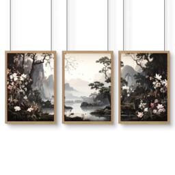 Rackhams Pictures For Living Room Wall - Set of 3 Chinoiserie Wall art Prints - 20 x 30 in / 50 x 76 cm - Matte Museum Quality Art Paper 290 gsm - Oak Frame