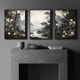 Rackhams Pictures For Living Room Wall - Set of 3 Chinoiserie Wall art Prints - 20 x 30 in / 50 x 76 cm - Matte Museum Quality Art Paper 290 gsm - Oak Frame - thumbnail 5
