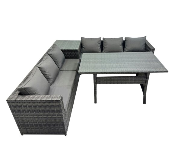 Rackhams 6 Seater Outdoor Corner Sofa Dining Table Set Garden Rattan Furniture Set with Side Table Dark Grey - image 1