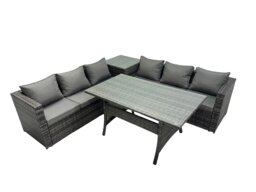 Rackhams 6 Seater Outdoor Corner Sofa Dining Table Set Garden Rattan Furniture Set with Side Table Dark Grey - thumbnail 2