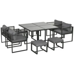 Rackhams 8 Seater Aluminium  Garden Dining Cube Set w/ 4 Chairs 4 Footstools - Grey - Aluminum, Polyester, Tempered Glass - 126cm x 126cm x 72cm - thumbnail 2