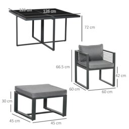 Rackhams 8 Seater Aluminium  Garden Dining Cube Set w/ 4 Chairs 4 Footstools - Grey - Aluminum, Polyester, Tempered Glass - 126cm x 126cm x 72cm - thumbnail 5