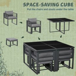 Rackhams 8 Seater Aluminium  Garden Dining Cube Set w/ 4 Chairs 4 Footstools - Grey - Aluminum, Polyester, Tempered Glass - 126cm x 126cm x 72cm - thumbnail 3