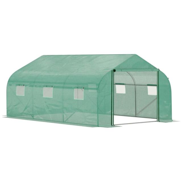 Rackhams Walk-in Polytunnel Garden Greenhouse, Outdoor Mesh Door Greenhouse with PE Cover and 6 Windows, 4.5 x 3 x 2m, Green - image 1