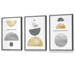 Rackhams Golden Yellow and Grey Mid Century Geometric Framed Set of 3 Wall Art - 30x42cm (A3) - Black - thumbnail 3