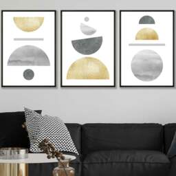 Rackhams Golden Yellow and Grey Mid Century Geometric Framed Set of 3 Wall Art - 30x42cm (A3) - Black - thumbnail 2