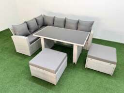 Rackhams 8 Seater Wicker Rattan Corner Sofa Sets Outdoor Garden Furniture Sets with Rectangular Dining Table Lounge Sofa 2 Big Footstool Light Grey