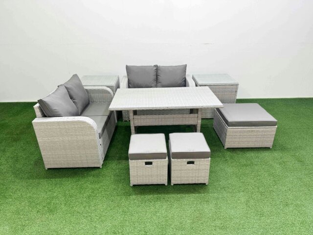 Rackhams 7 Seater Outdoor Love Sofa Set Rattan Garden Furniture Set with Rectangular Dining Table 3 Footstool 2 Side Tables Light Grey - image 1