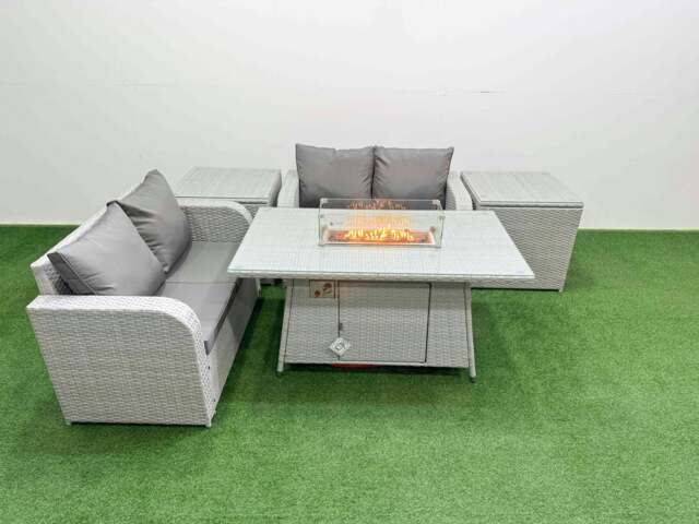 Rackhams 4 Seater Outdoor Love Sofa Set Rattan Garden Furniture Set with Fire Pit Dining Table 2 Side Tables Light Grey - image 1