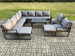 Rackhams Aluminium Outdoor Garden Furniture Set Lounge Corner Sofa 2 Pcs Chair Oblong Coffee Table Sets with 2 Big Footstools Dark Grey - thumbnail 2