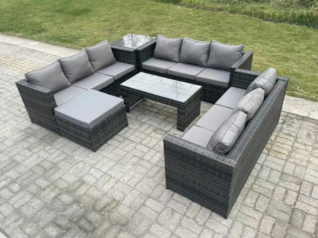 Rackhams Outdoor Rattan Garden Furniture Lounge Sofa Set With Oblong Rectagular Coffee Table Big Footstool And Side Table - image 1