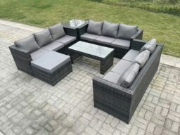 Rackhams Outdoor Rattan Garden Furniture Lounge Sofa Set With Oblong Rectagular Coffee Table Big Footstool And Side Table - thumbnail 1