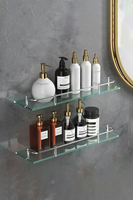 Rackhams 40cm Shelf Tempered Glass 6MM Thick Storage Organizer Wall Mounted Bathroom Shelf - Silver - image 1
