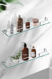 Rackhams 40cm Shelf Tempered Glass 6MM Thick Storage Organizer Wall Mounted Bathroom Shelf - Silver - thumbnail 4