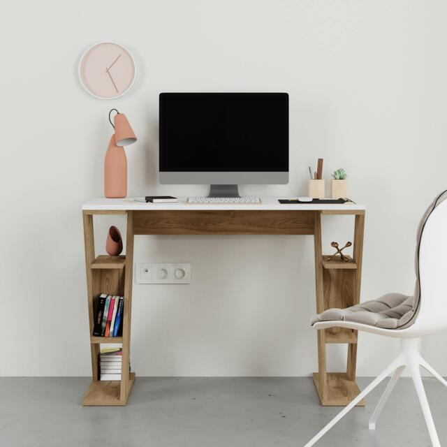 Rackhams Modern Papillon 106cm Working Desk Particleboard 3 Mini Shelves, Cross Design Legs H75xW106cm - Whiskey Oak - image 1
