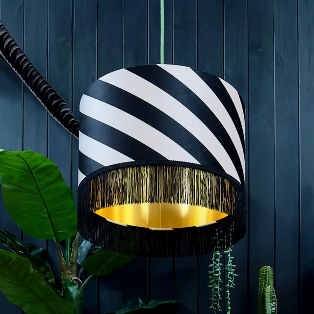 "Rackhams Liquorice Helter Skelter Velvet Lampshades With Gold Foil Lining and Fringing - Ceiling Pendant / Arc Lamp - 30cm diameter x 20cm height / 12"" x 8""" - image 1