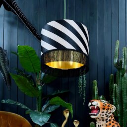 "Rackhams Liquorice Helter Skelter Velvet Lampshades With Gold Foil Lining and Fringing - Ceiling Pendant / Arc Lamp - 30cm diameter x 20cm height / 12"" x 8""" - thumbnail 2