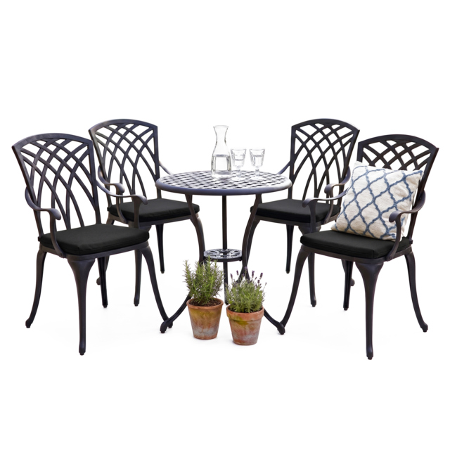 Rackhams OSHOWA Garden and Patio Table and 4 Large Chairs with Armrests Cast Aluminium Bistro Set - Black Cushions - image 1
