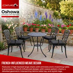 Rackhams OSHOWA Garden and Patio Table and 4 Large Chairs with Armrests Cast Aluminium Bistro Set - Black Cushions - thumbnail 2