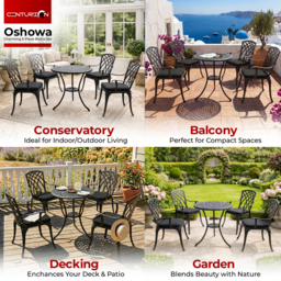 Rackhams OSHOWA Garden and Patio Table and 4 Large Chairs with Armrests Cast Aluminium Bistro Set - Black Cushions - thumbnail 3
