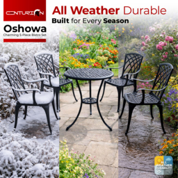 Rackhams OSHOWA Garden and Patio Table and 4 Large Chairs with Armrests Cast Aluminium Bistro Set - Black Cushions - thumbnail 5
