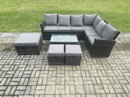 Rackhams Wicker PE Outdoor Garden Furniture Set High Back Rattan Corner Sofa Set with Rectangular Coffee Table 3 Footstools - thumbnail 1