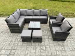 Rackhams 10 Seater Outdoor Garden Furniture Set Wicker PE Rattan Corner Sofa Set with Square Coffee Table 2 Small Footstools 2 Armchairs Dark Grey Mixed - thumbnail 2