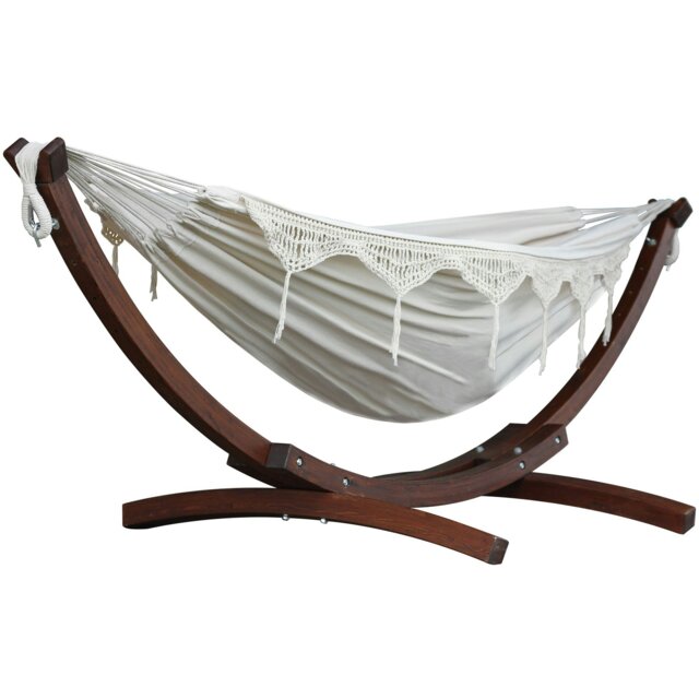 Rackhams Double Cotton Hammock with Solid Pine Stand (260cm) - Natural with Fringe - image 1