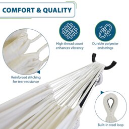 Rackhams Double Cotton Hammock with Solid Pine Stand (260cm) - Natural with Fringe - thumbnail 6